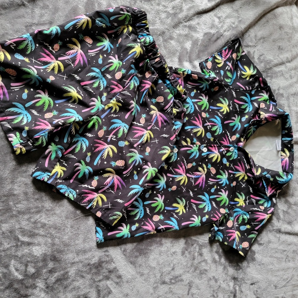 Tropical 2pc Set Kids 7-8Y Black Neon Palm Tree Pineapple Excellent 744